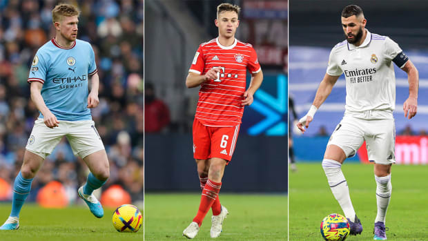Manchester City’s Kevin De Bruyne, Bayern Munich’s Joshua Kimmich and Real Madrid’s Karim Benzema.